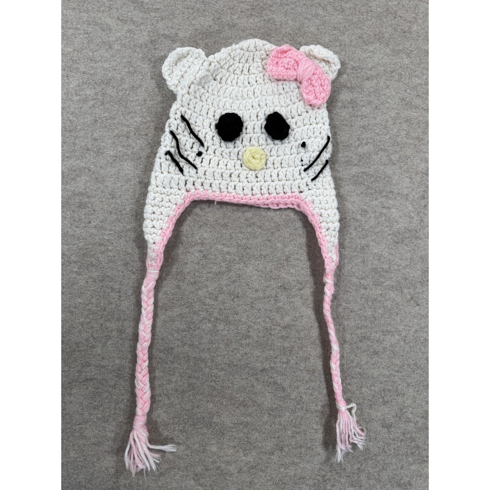 Womens Hello Kitty Crochet Earflap Hat One Size White Pink Chunky Knit Beanie